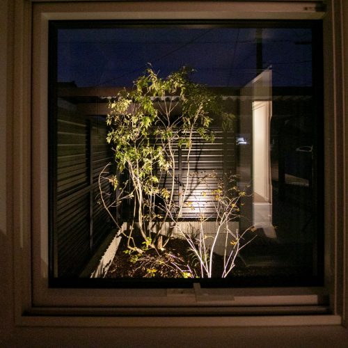 隣接する神社の樹木を借景に
